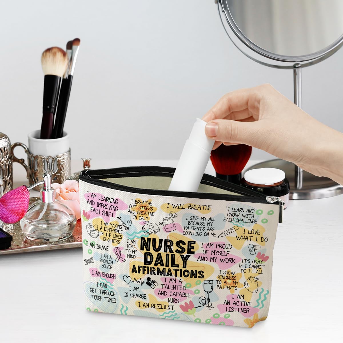 Jeilink Daily Affirmations Makeup Bag for Nurses | Travel Toiletry Bag Gift