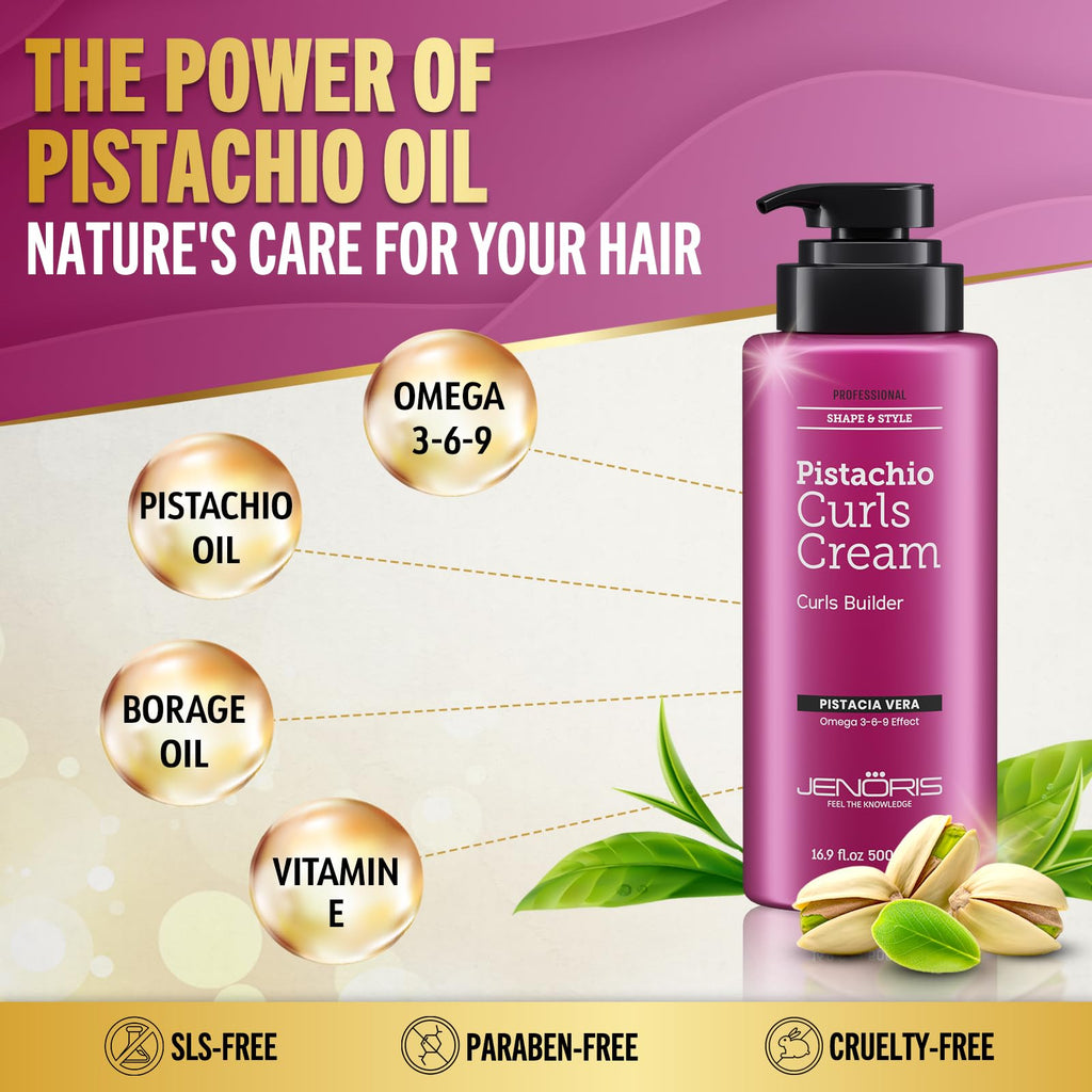 Jenoris Professional Curls Cream – Pistachio Oil Hydration for Defined, Frizz-Free Curls (16.9 fl oz)