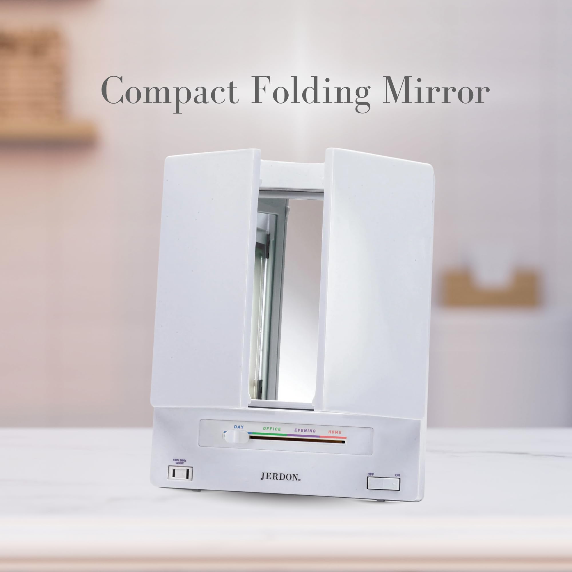 JERDON Tri-Fold Two-Sided Makeup Mirror with Lights — 5X Magnification & 4 Light Settings — White Base (Model JGL9W)