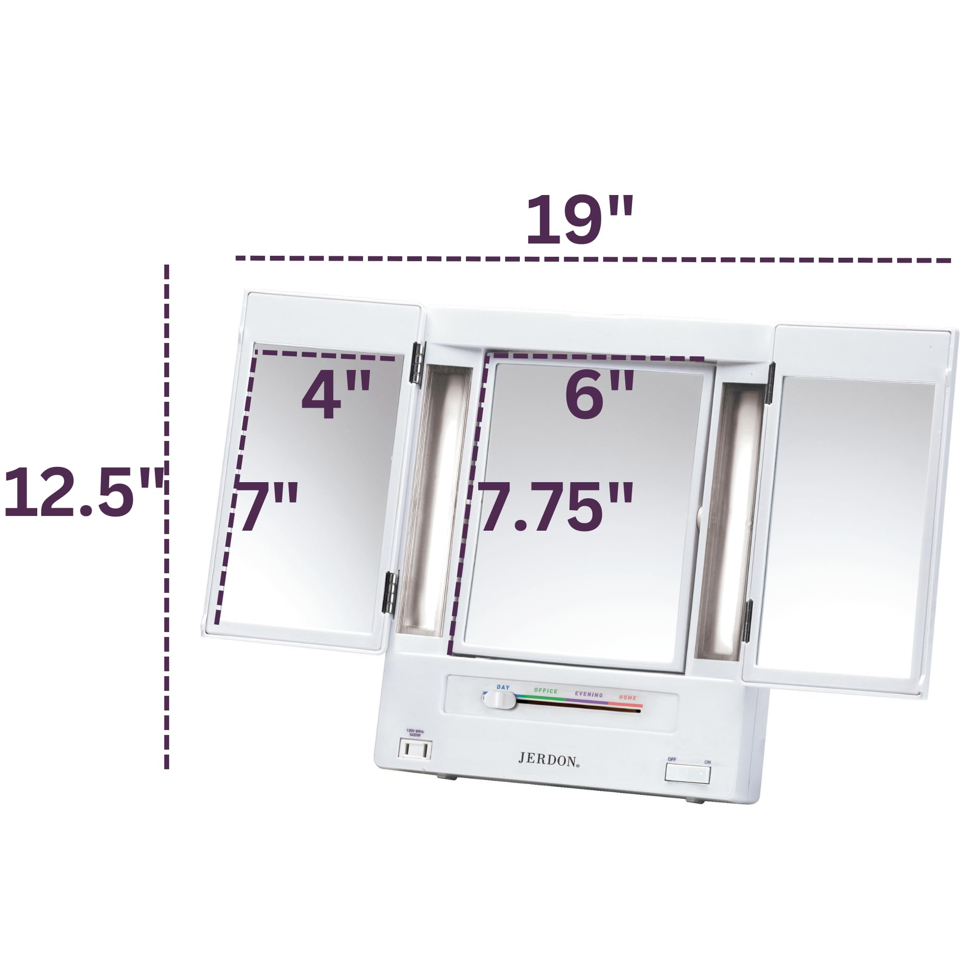 JERDON Tri-Fold Two-Sided Makeup Mirror with Lights — 5X Magnification & 4 Light Settings — White Base (Model JGL9W)