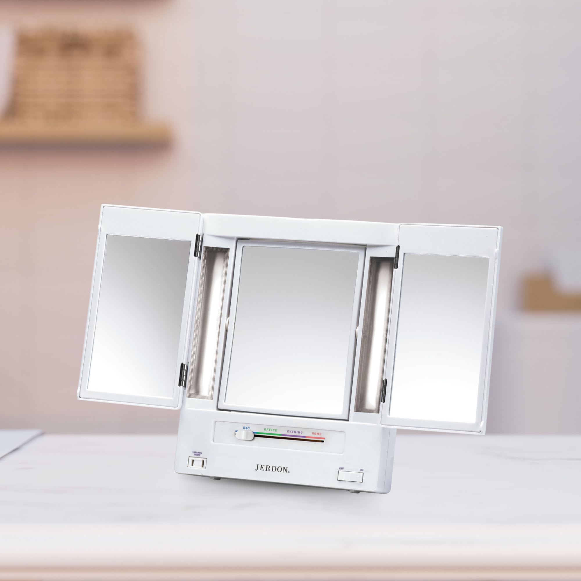 JERDON Tri-Fold Two-Sided Makeup Mirror with Lights — 5X Magnification & 4 Light Settings — White Base (Model JGL9W)