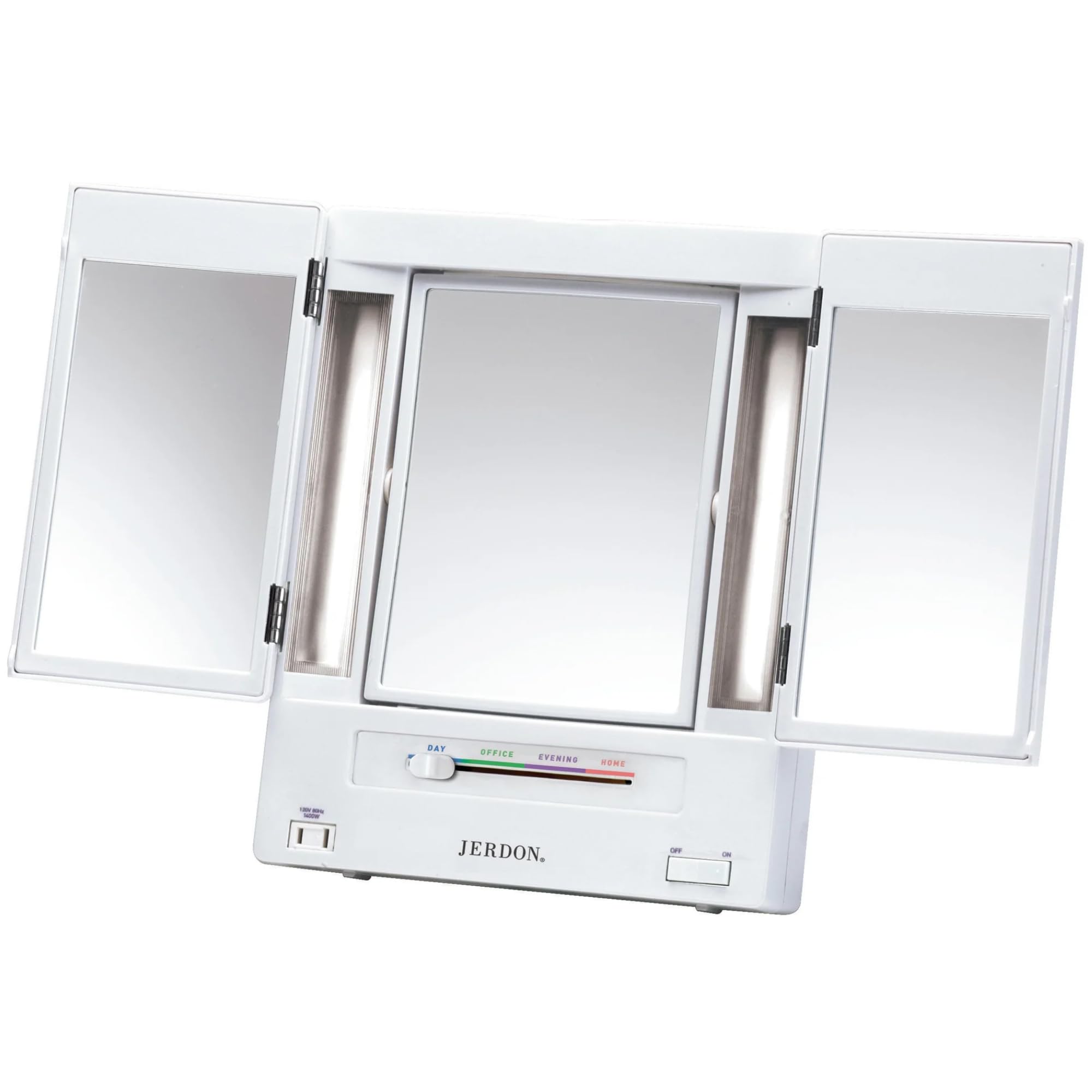 JERDON Tri-Fold Two-Sided Makeup Mirror with Lights — 5X Magnification & 4 Light Settings — White Base (Model JGL9W)
