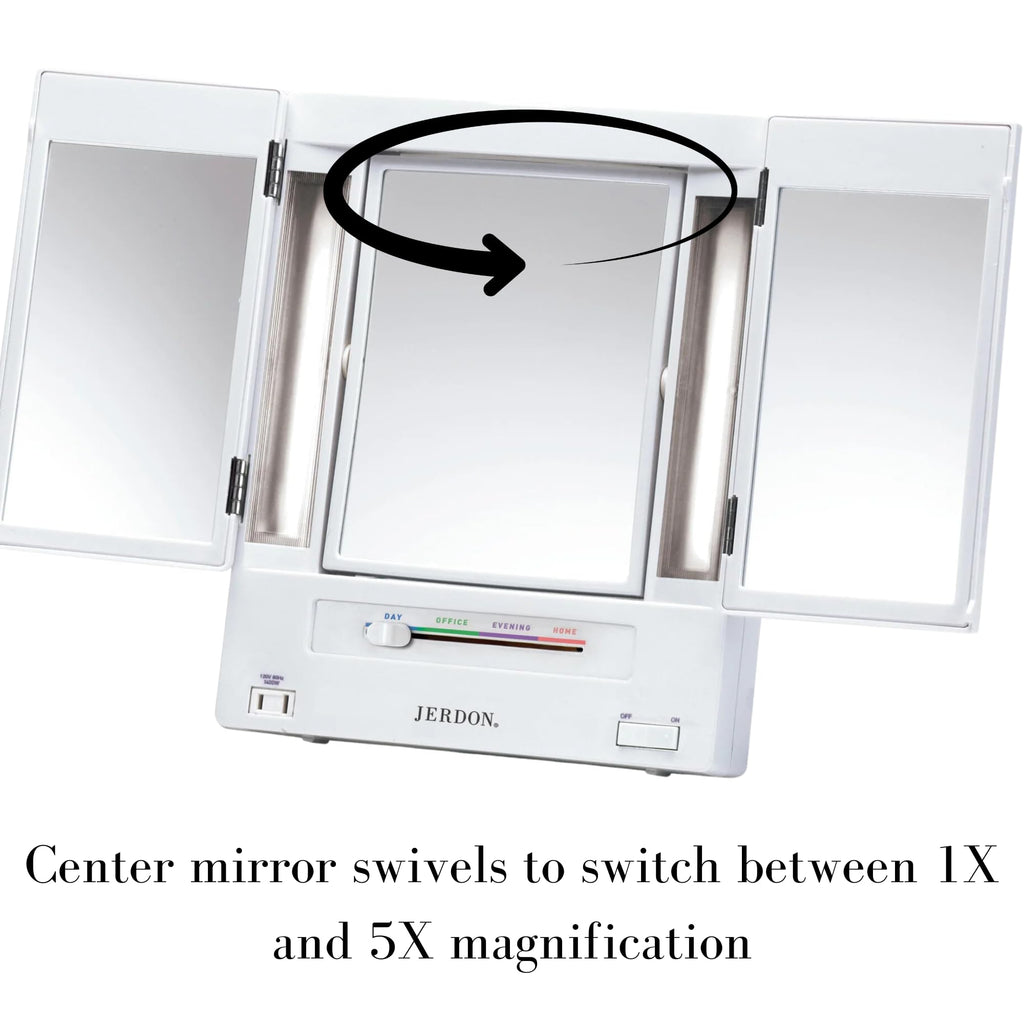 JERDON Tri-Fold Two-Sided Makeup Mirror with Lights — 5X Magnification & 4 Light Settings — White Base (Model JGL9W)