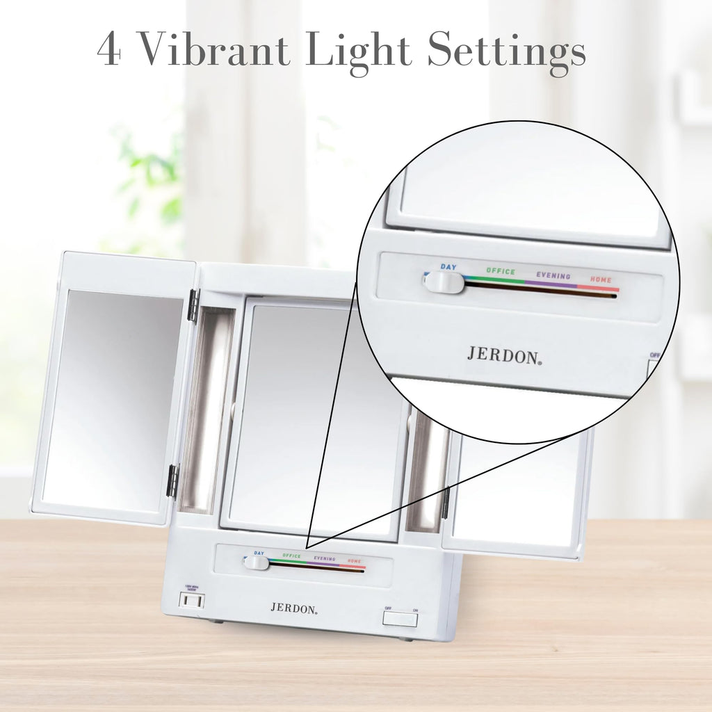 JERDON Tri-Fold Two-Sided Makeup Mirror with Lights — 5X Magnification & 4 Light Settings — White Base (Model JGL9W)