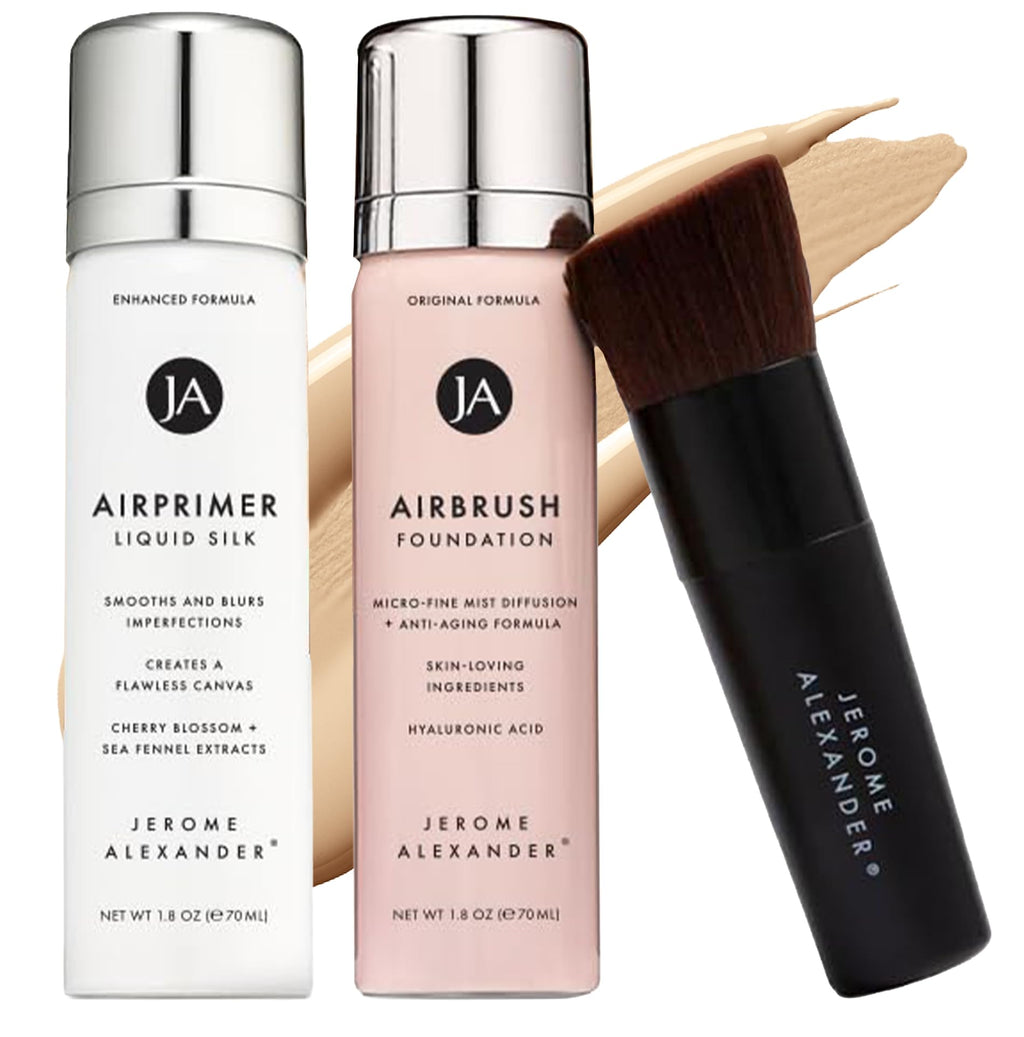 MagicMinerals AirBrush Foundation Set by Jerome Alexander – 3pc Primer, Foundation & Kabuki Brush (Light Medium)