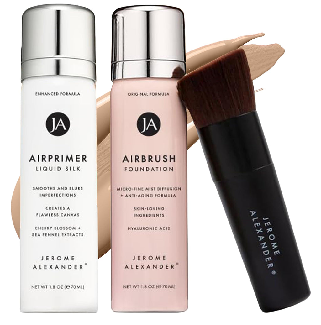 MagicMinerals AirBrush Foundation Set by Jerome Alexander – 3pc Primer, Foundation & Kabuki Brush (Warm Medium)