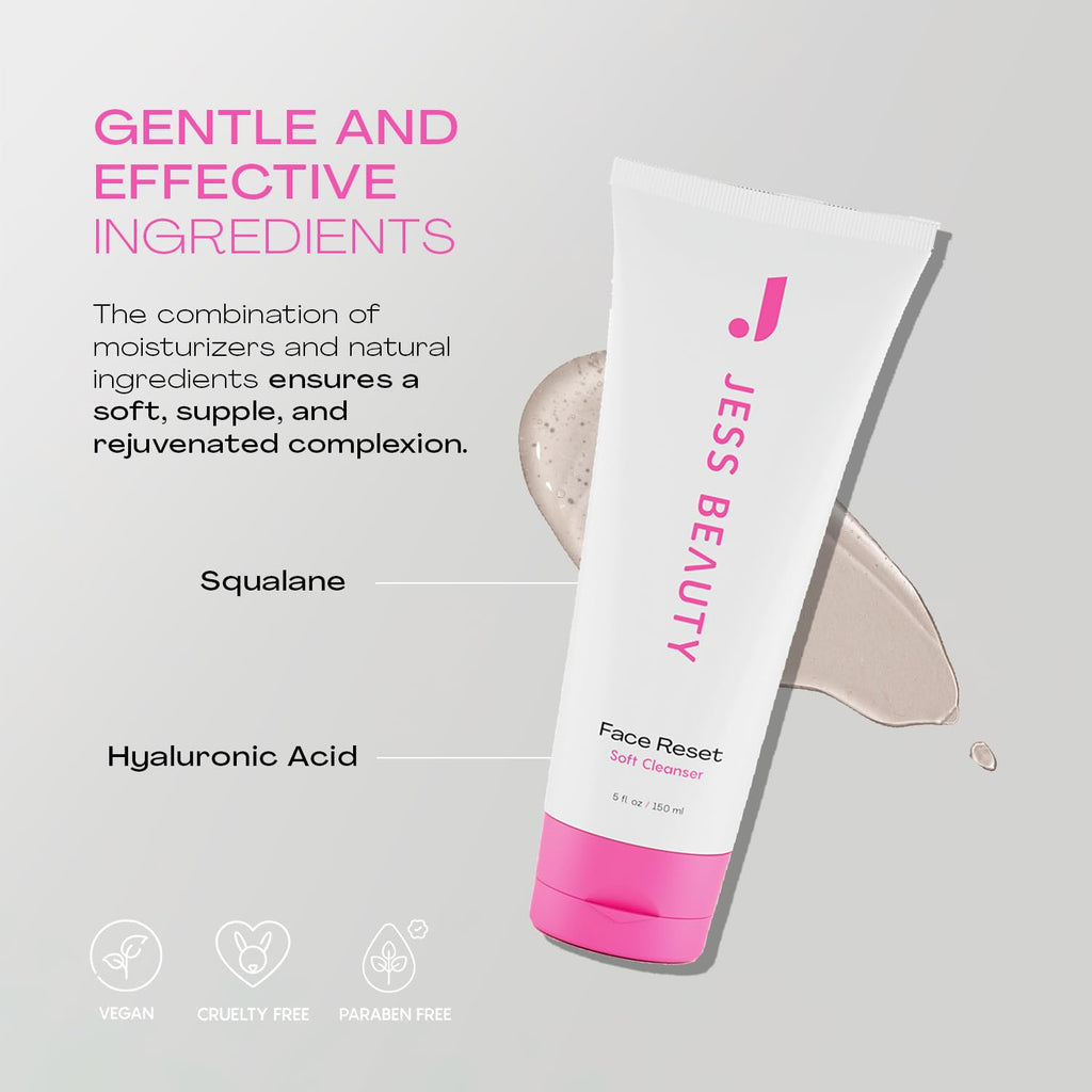 JESS BEAUTY Face Reset Cleanser – Hydrating Gel with Squalane & Hyaluronic Acid, 5 fl oz