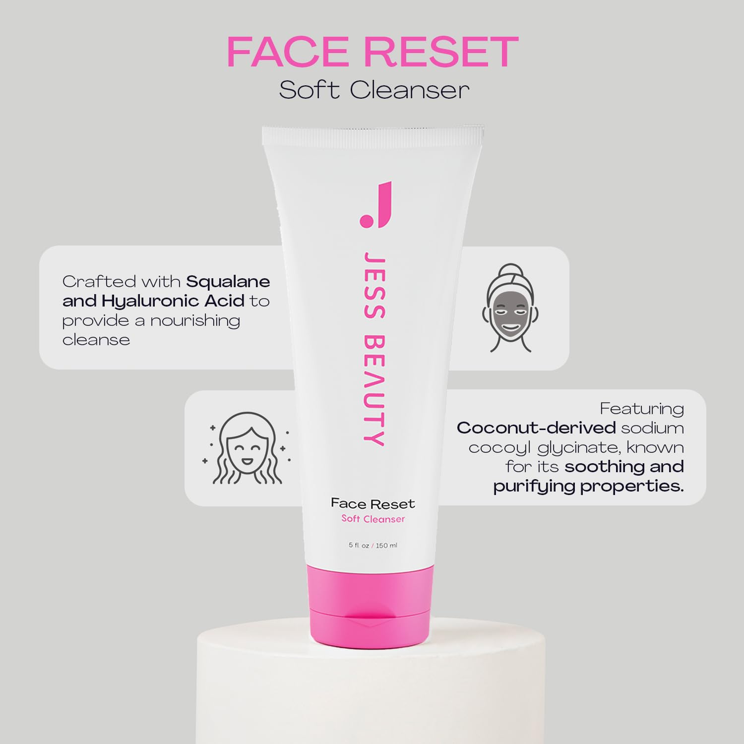 JESS BEAUTY Face Reset Cleanser – Hydrating Gel with Squalane & Hyaluronic Acid, 5 fl oz