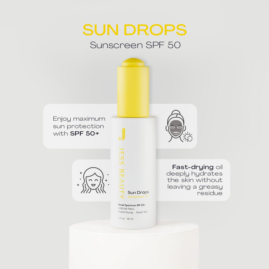 JESS BEAUTY Face Sunscreen Sun Drops SPF 50 | Lightweight Oil with Camellia Sinensis & Squalane | 1 fl oz
