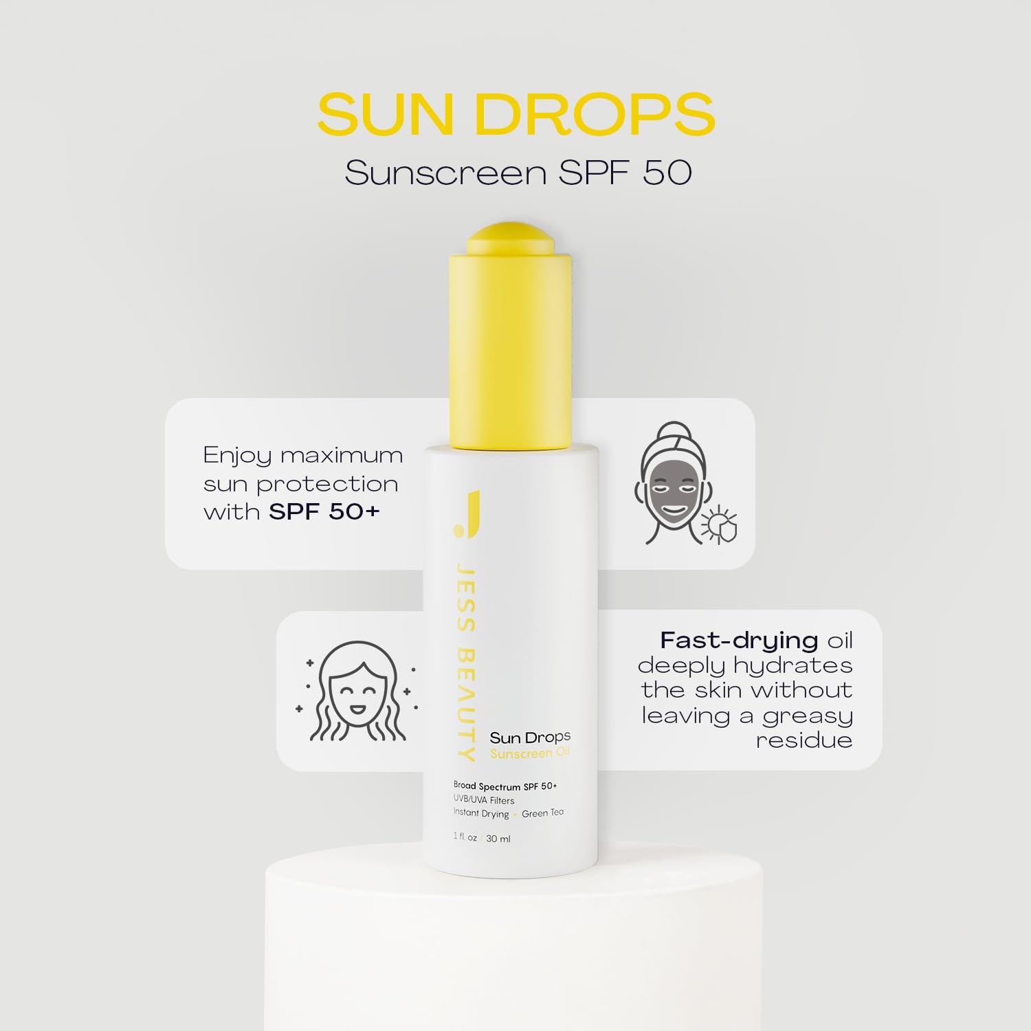 JESS BEAUTY Face Sunscreen Sun Drops SPF 50 | Lightweight Oil with Camellia Sinensis & Squalane | 1 fl oz