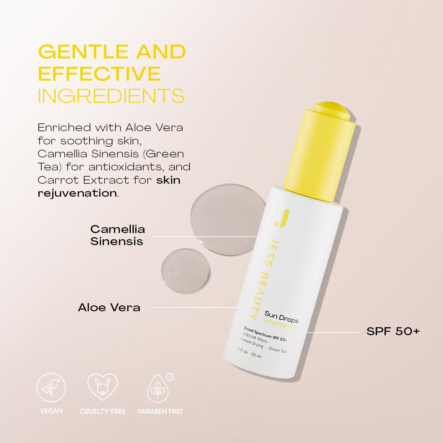 JESS BEAUTY Face Sunscreen Sun Drops SPF 50 | Lightweight Oil with Camellia Sinensis & Squalane | 1 fl oz