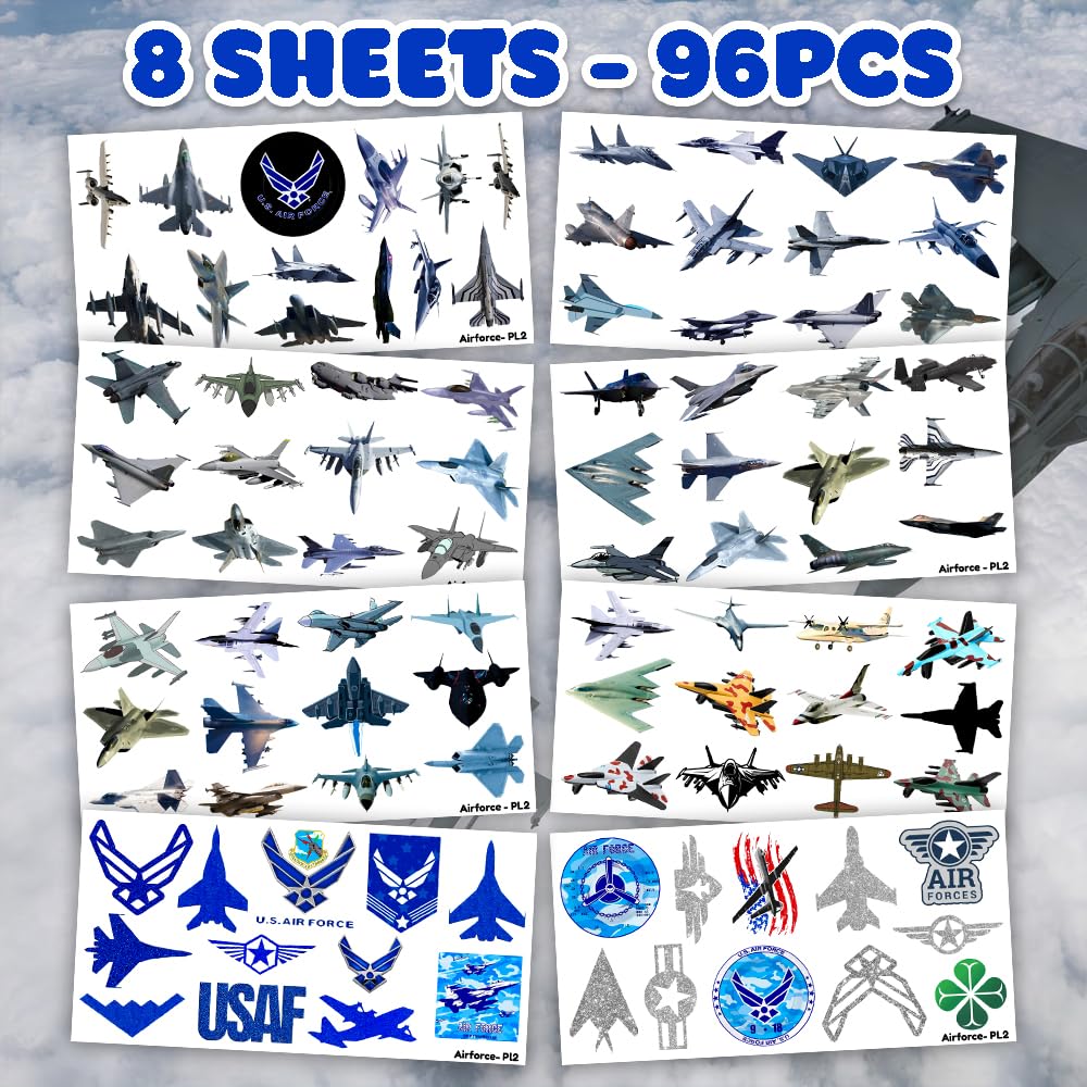 96 PCS US Airplane Jet Fighter Temporary Tattoos – Party Favors & Decorations for Kids and Adults