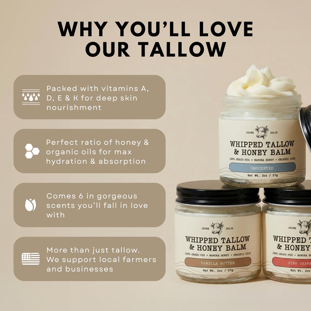 Jeune Jolie Whipped Grass-Fed Tallow Balm with Manuka Honey — Organic Jojoba, Unscented 2 oz