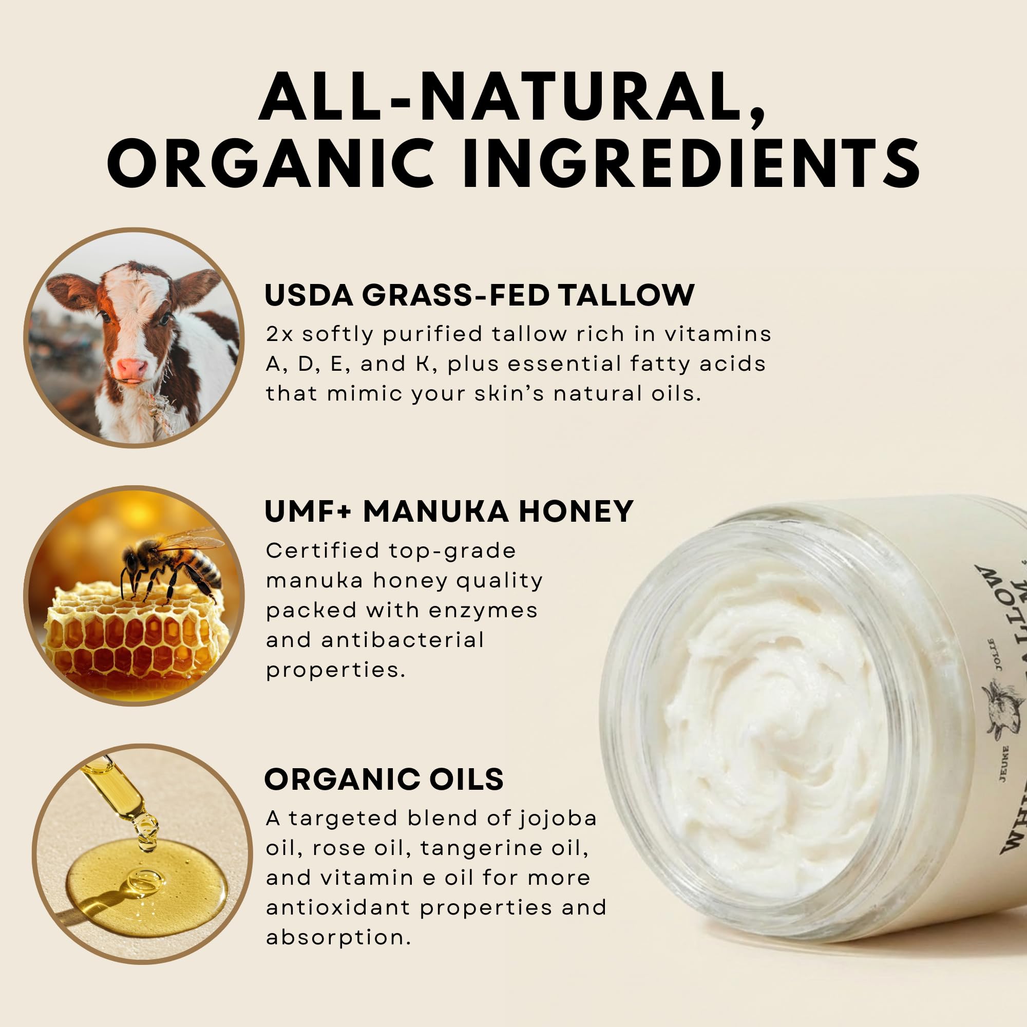 Jeune Jolie Whipped Grass-Fed Tallow Balm with Manuka Honey — Organic Jojoba, Unscented 2 oz