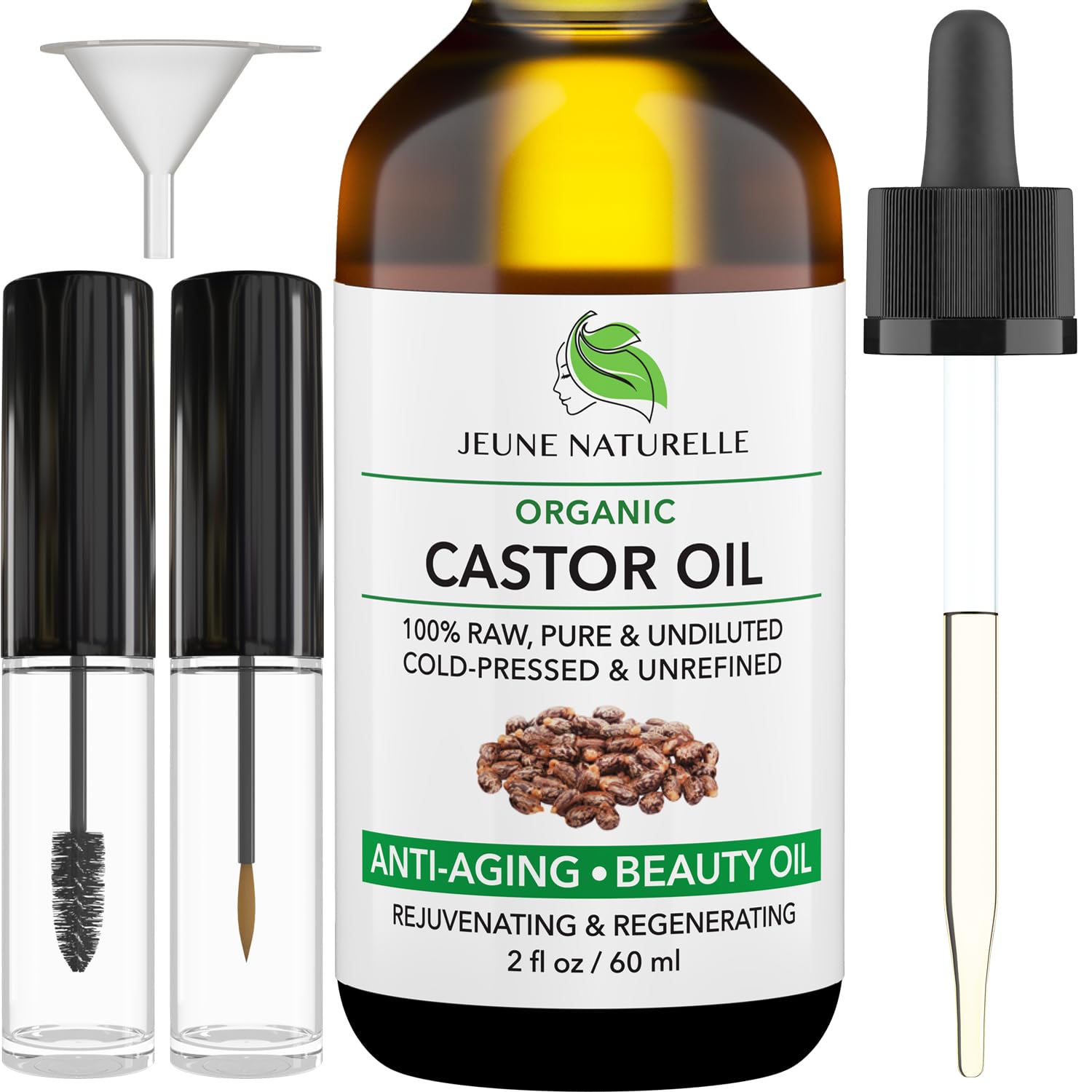 Jeune Naturelle Organic Castor Oil – Cold-Pressed, Unrefined, Hexane-Free, 2 oz for Hair, Lashes & Brows