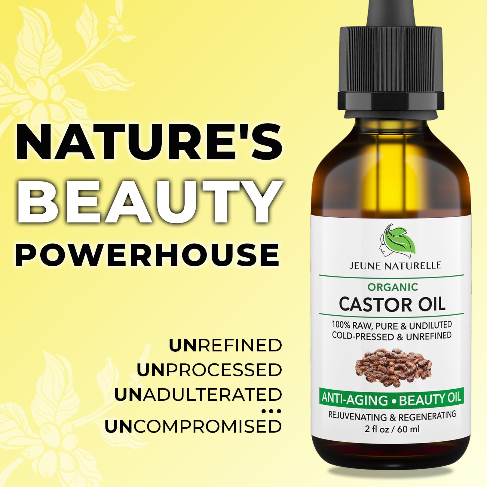 Jeune Naturelle Organic Castor Oil – Cold-Pressed, Unrefined, Hexane-Free, 2 oz for Hair, Lashes & Brows