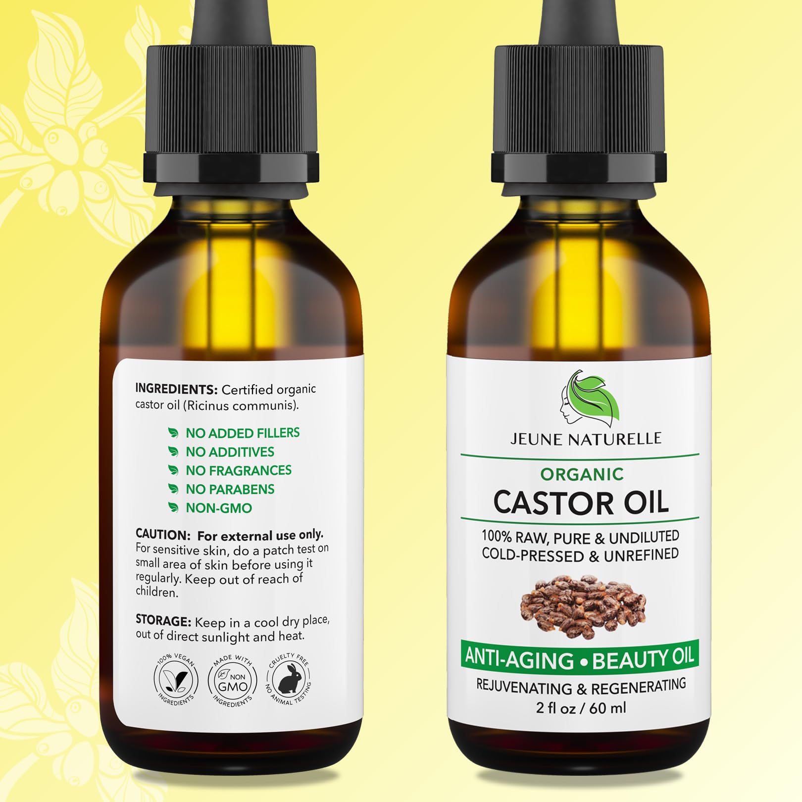 Jeune Naturelle Organic Castor Oil – Cold-Pressed, Unrefined, Hexane-Free, 2 oz for Hair, Lashes & Brows