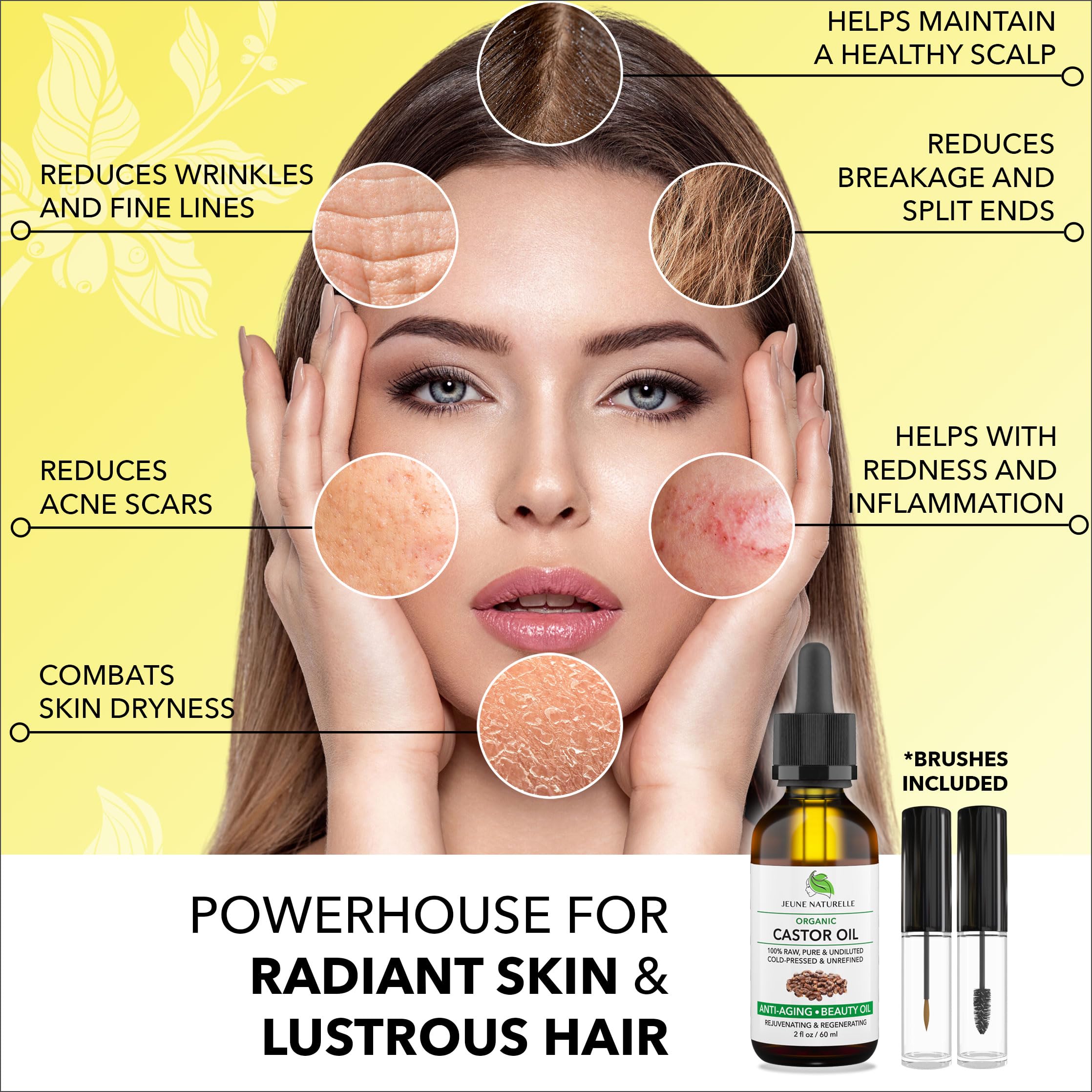 Jeune Naturelle Organic Castor Oil – Cold-Pressed, Unrefined, Hexane-Free, 2 oz for Hair, Lashes & Brows
