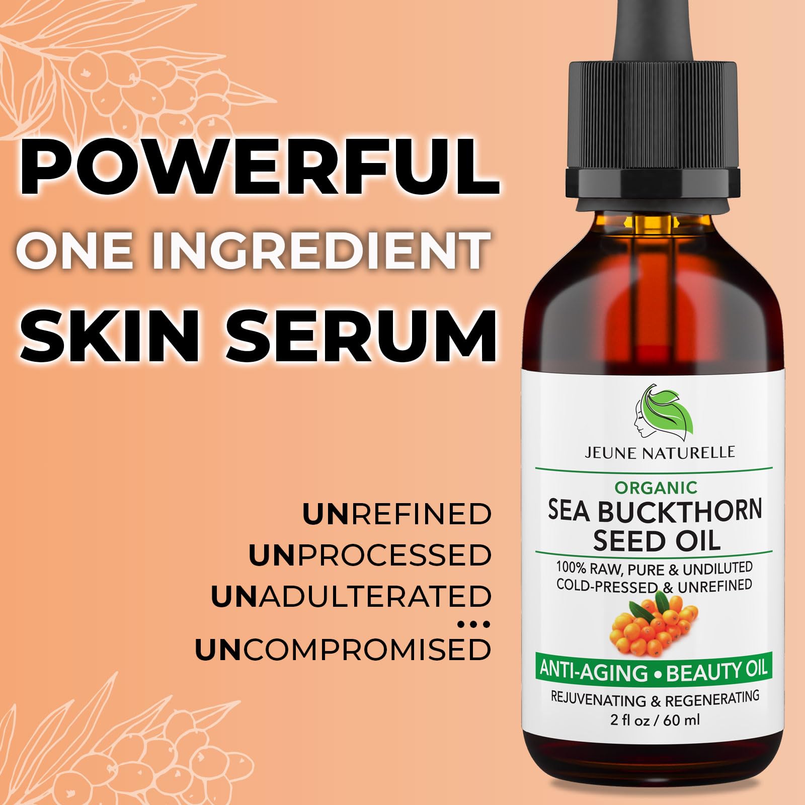 Jeune Naturelle Organic Sea Buckthorn Oil – 100% Pure, RAW Virgin, Cold-Pressed, Non-Comedogenic, Travel Size