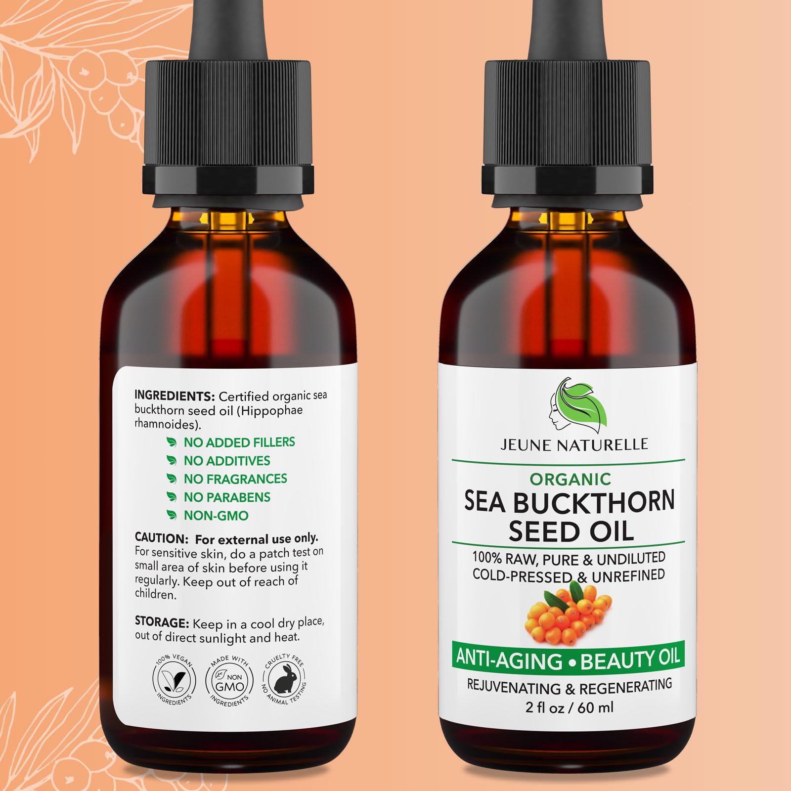 Jeune Naturelle Organic Sea Buckthorn Oil – 100% Pure, RAW Virgin, Cold-Pressed, Non-Comedogenic, Travel Size