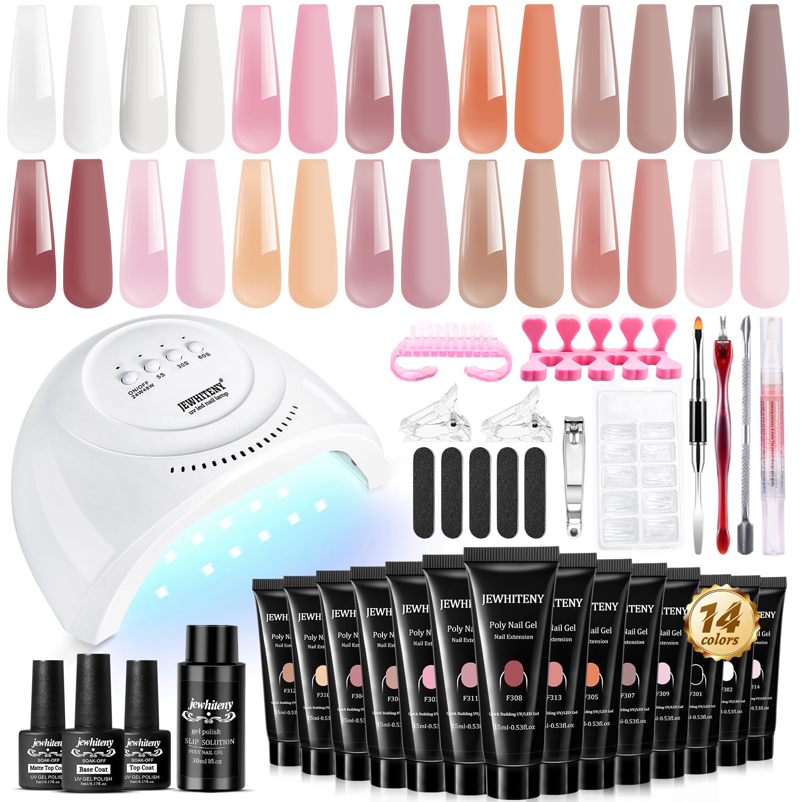 JEWHITENY 14-Color Poly Gel Nail Kit with UV Lamp – All-In-One Starter Kit