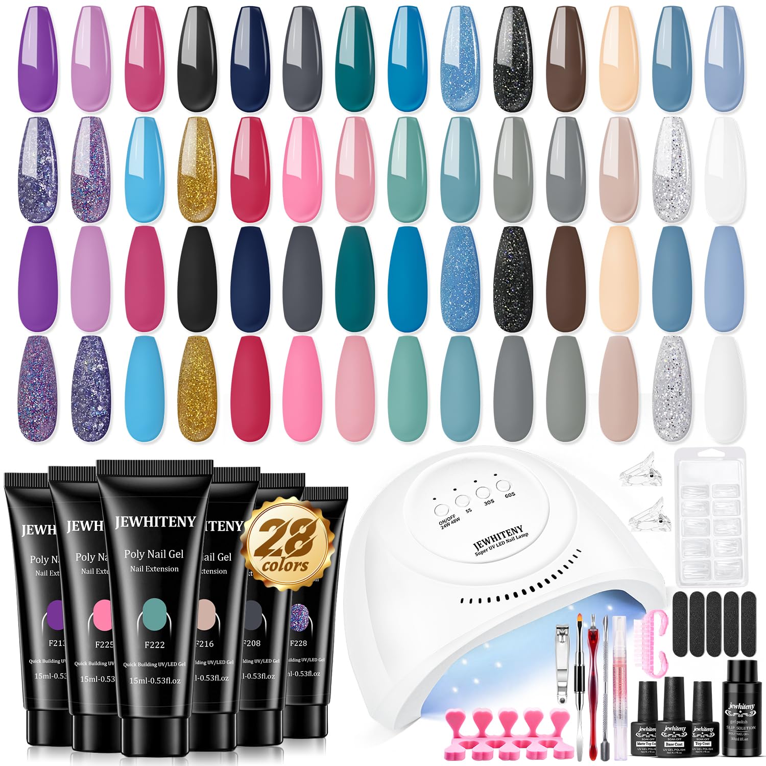JEWHITENY 28-Color Poly Nail Gel Kit with UV Lamp – All-in-One Set