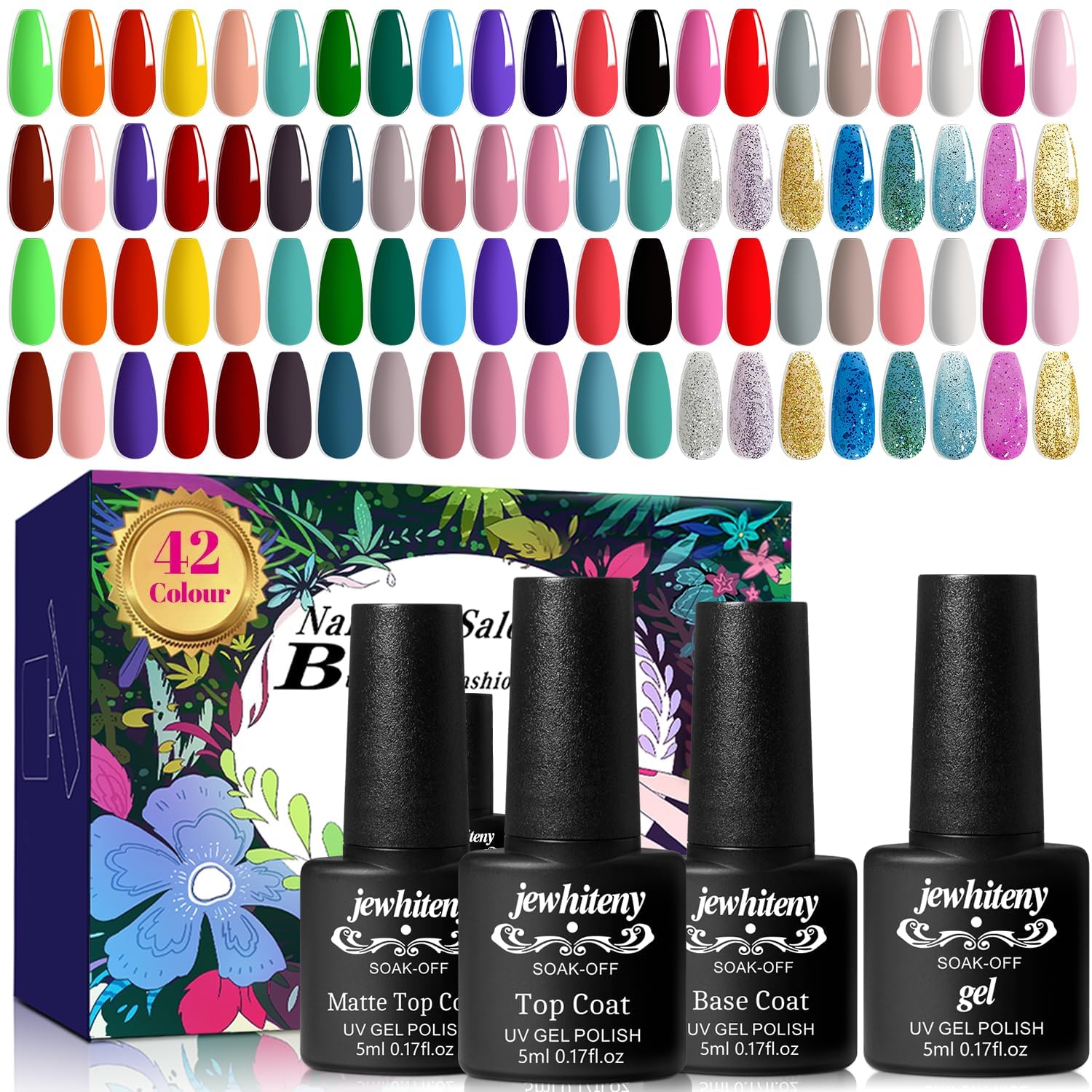 JEWHITENY 45-Piece Gel Nail Kit: 42 Colors Plus Base, Glossy & Matte Top Coats