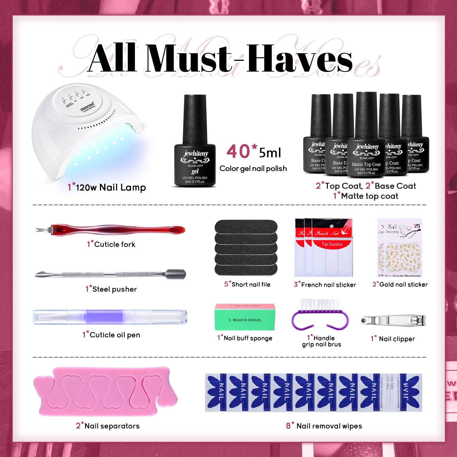JEWHITENY 45PCS Gel Nail Kit with 48W UV LED Lamp – 40 Colors