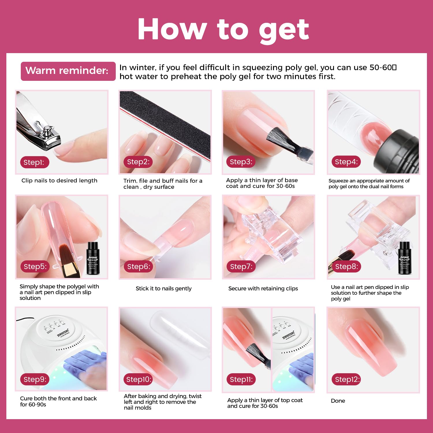 JEWHITENY 28-Color Poly Nail Gel Kit with UV Lamp – All-in-One Set