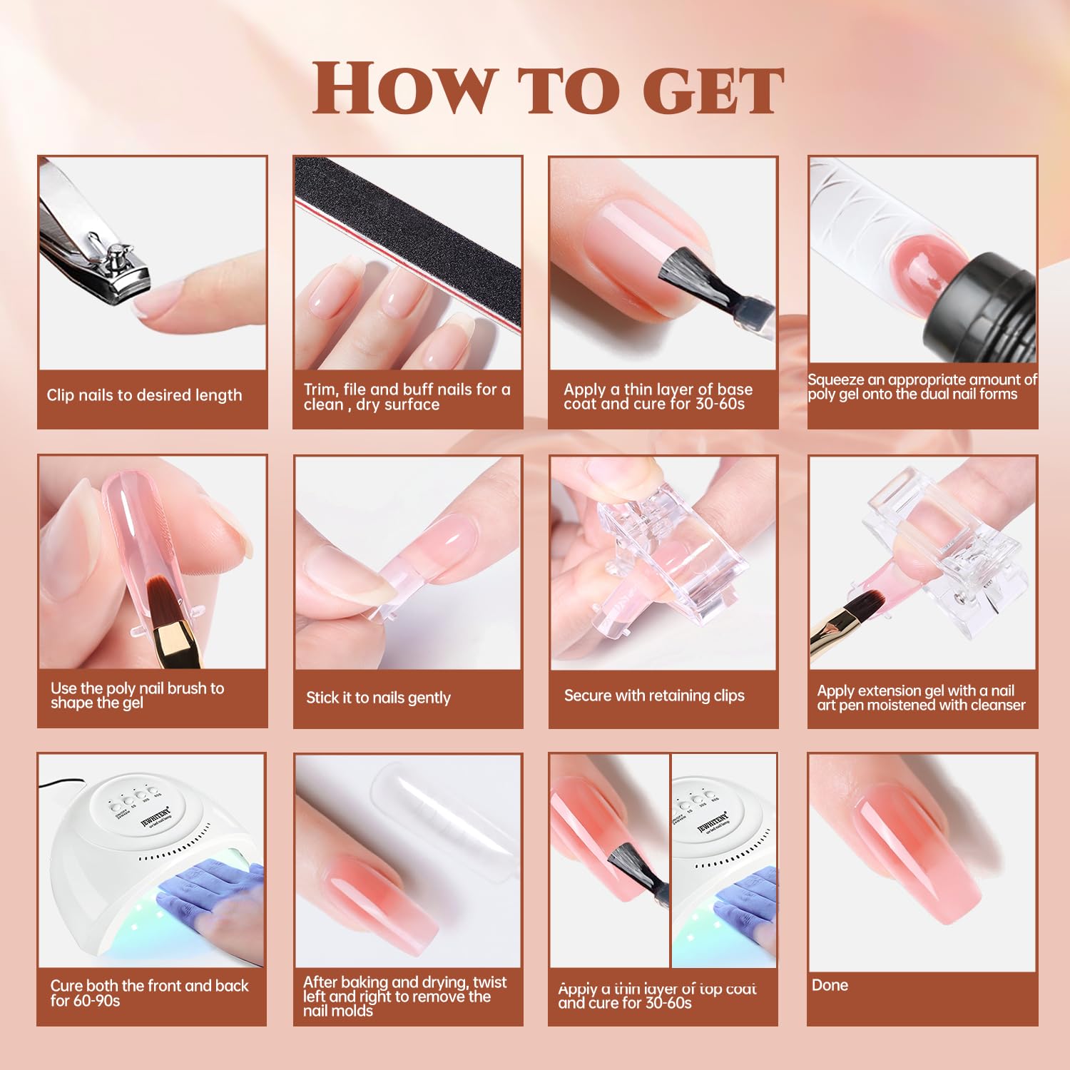 JEWHITENY 14-Piece Poly Gel Nail Extension Kit – All-In-One with 48W Lamp & 25,000 RPM Drill