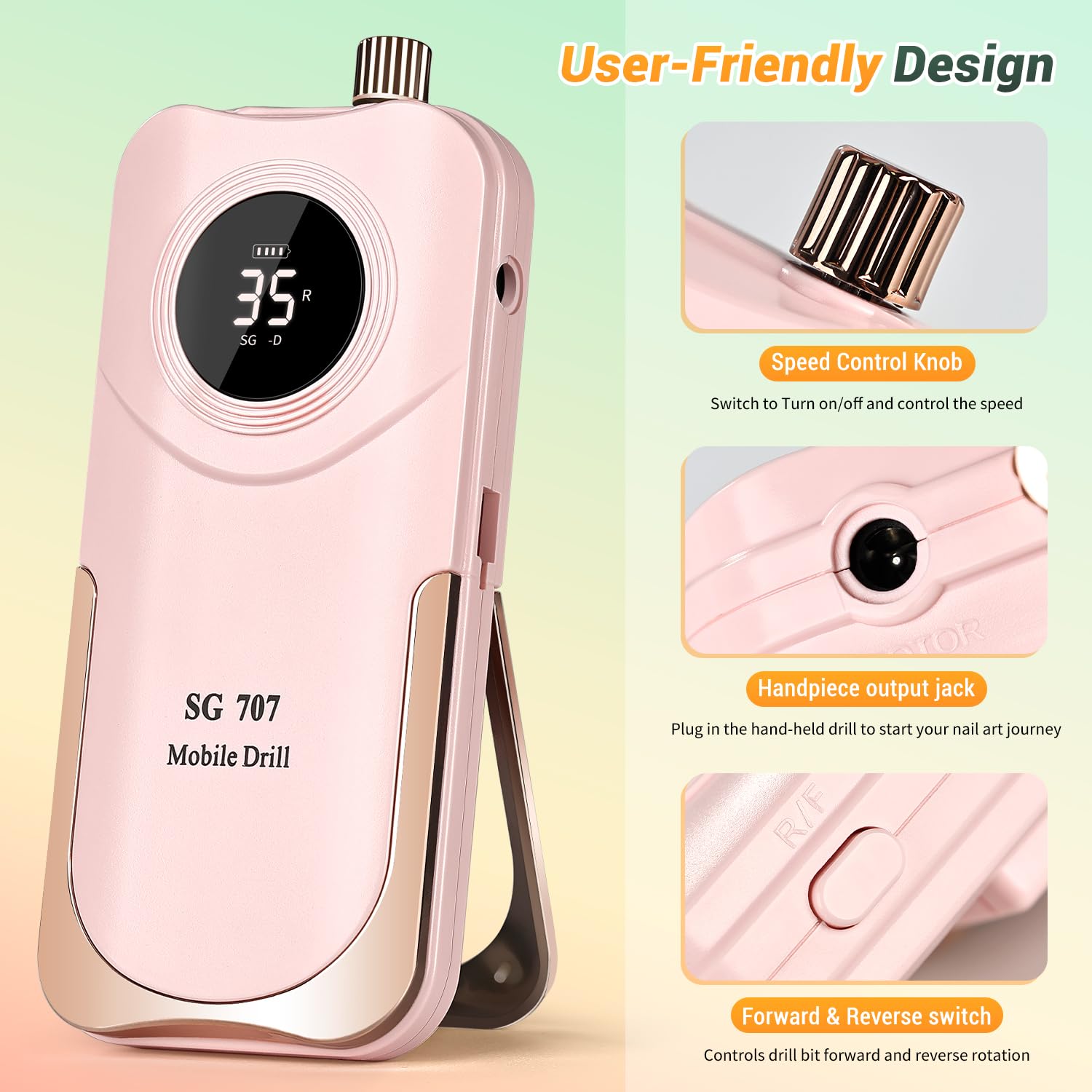 JEWHITENY SG707 Nail Drill — 35000 RPM Rechargeable Electric Nail File with 6 Bits