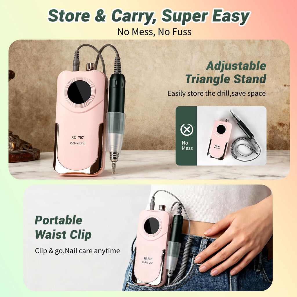 JEWHITENY SG707 Nail Drill — 35000 RPM Rechargeable Electric Nail File with 6 Bits