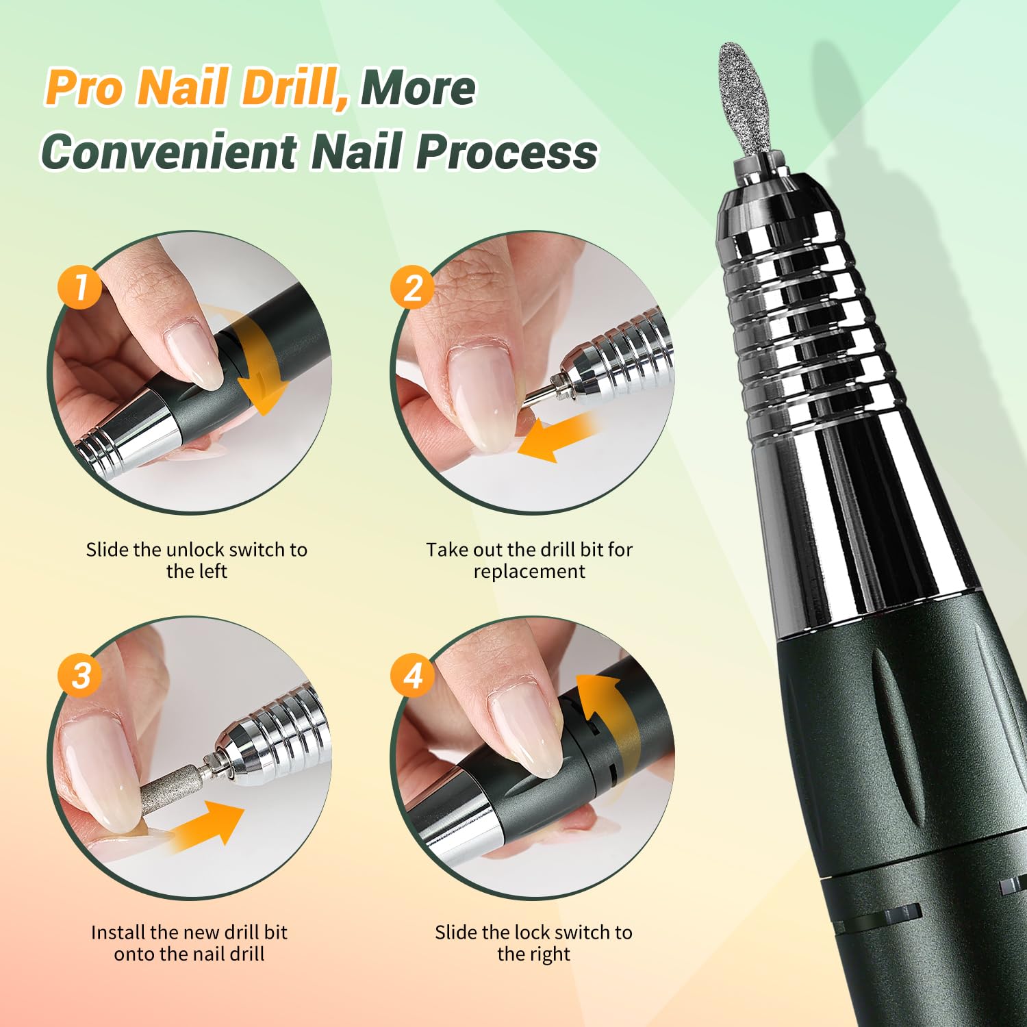 JEWHITENY SG707 Nail Drill — 35000 RPM Rechargeable Electric Nail File with 6 Bits