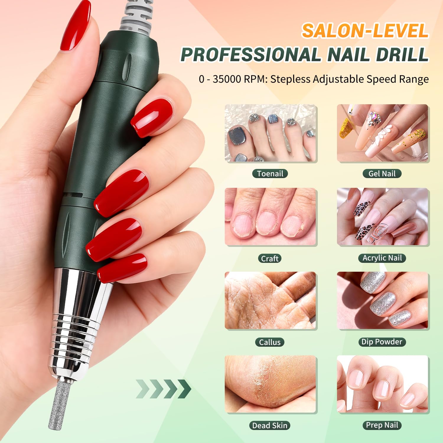 JEWHITENY SG707 Nail Drill — 35000 RPM Rechargeable Electric Nail File with 6 Bits