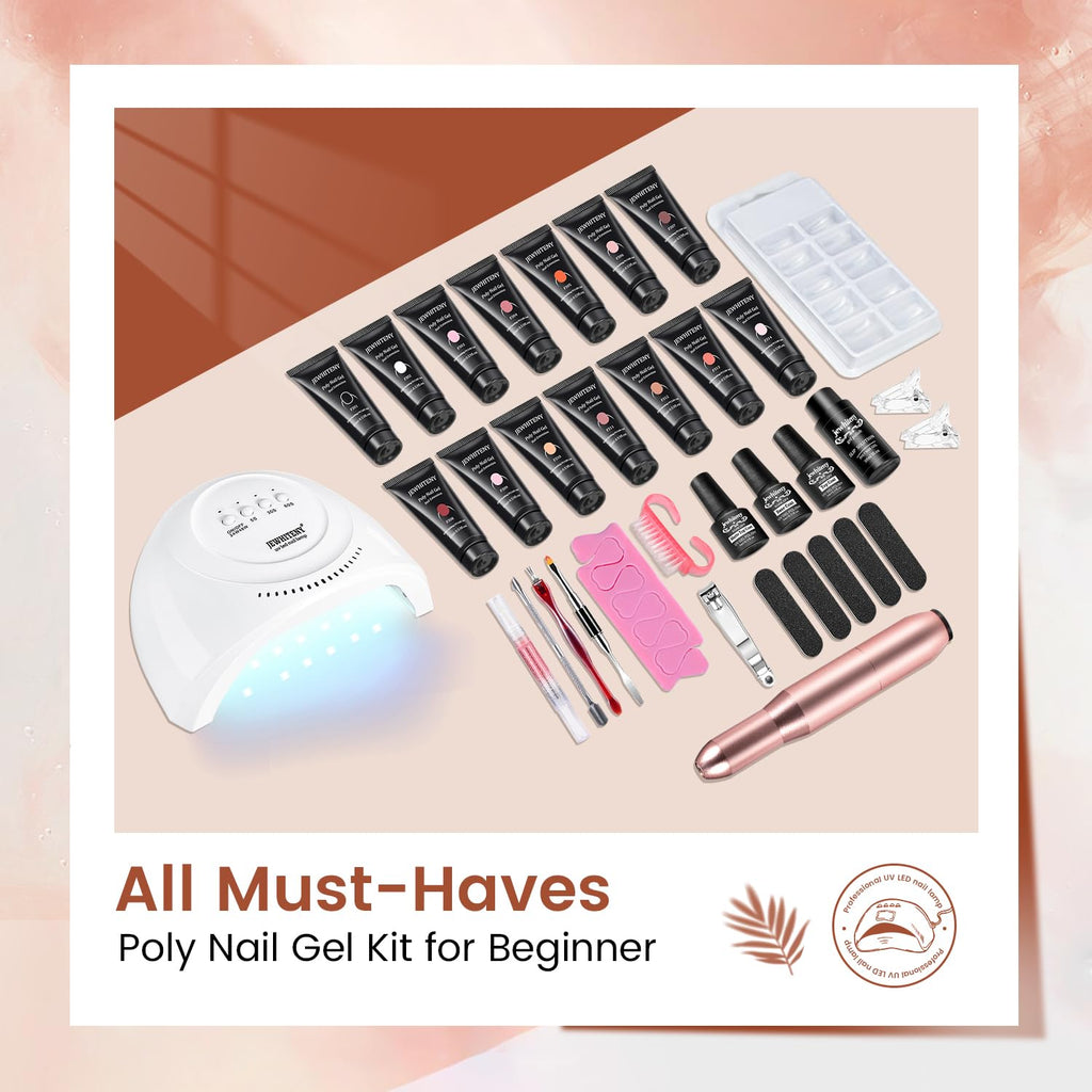 JEWHITENY 14-Piece Poly Gel Nail Extension Kit – All-In-One with 48W Lamp & 25,000 RPM Drill