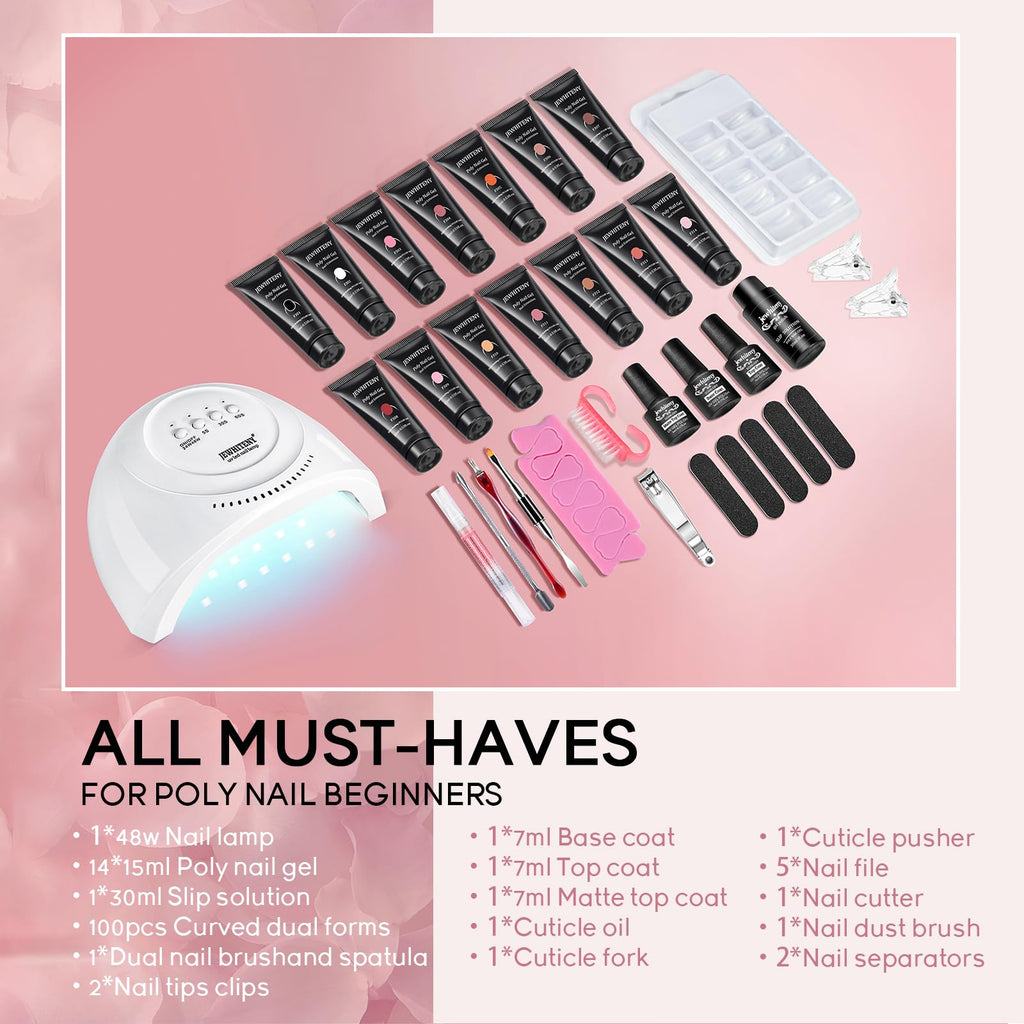 JEWHITENY 14-Color Poly Gel Nail Kit with UV Lamp – All-In-One Starter Kit