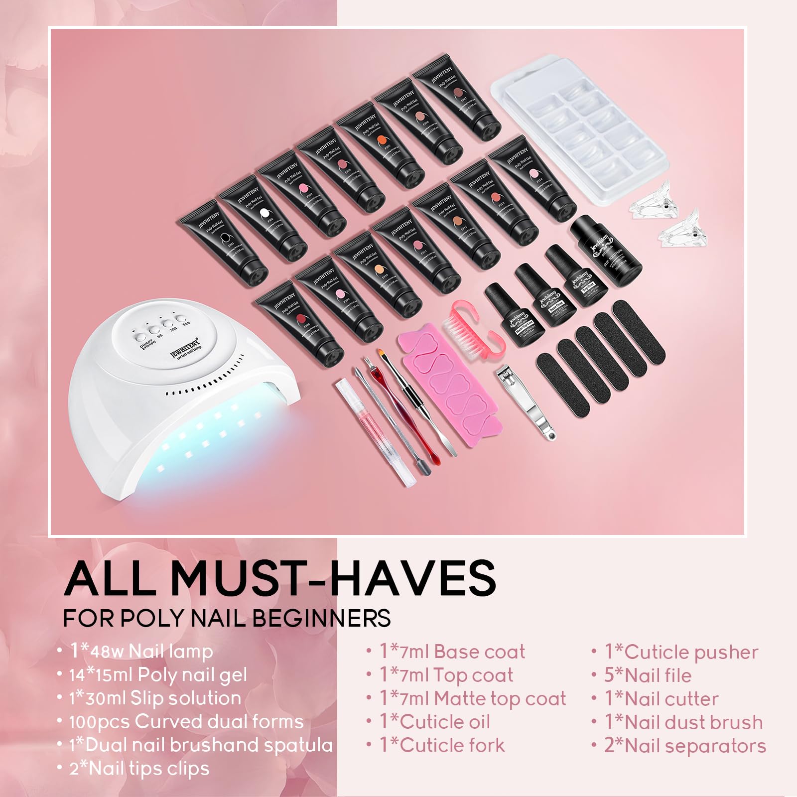 JEWHITENY 14-Color Poly Gel Nail Kit with UV Lamp – All-In-One Starter Kit