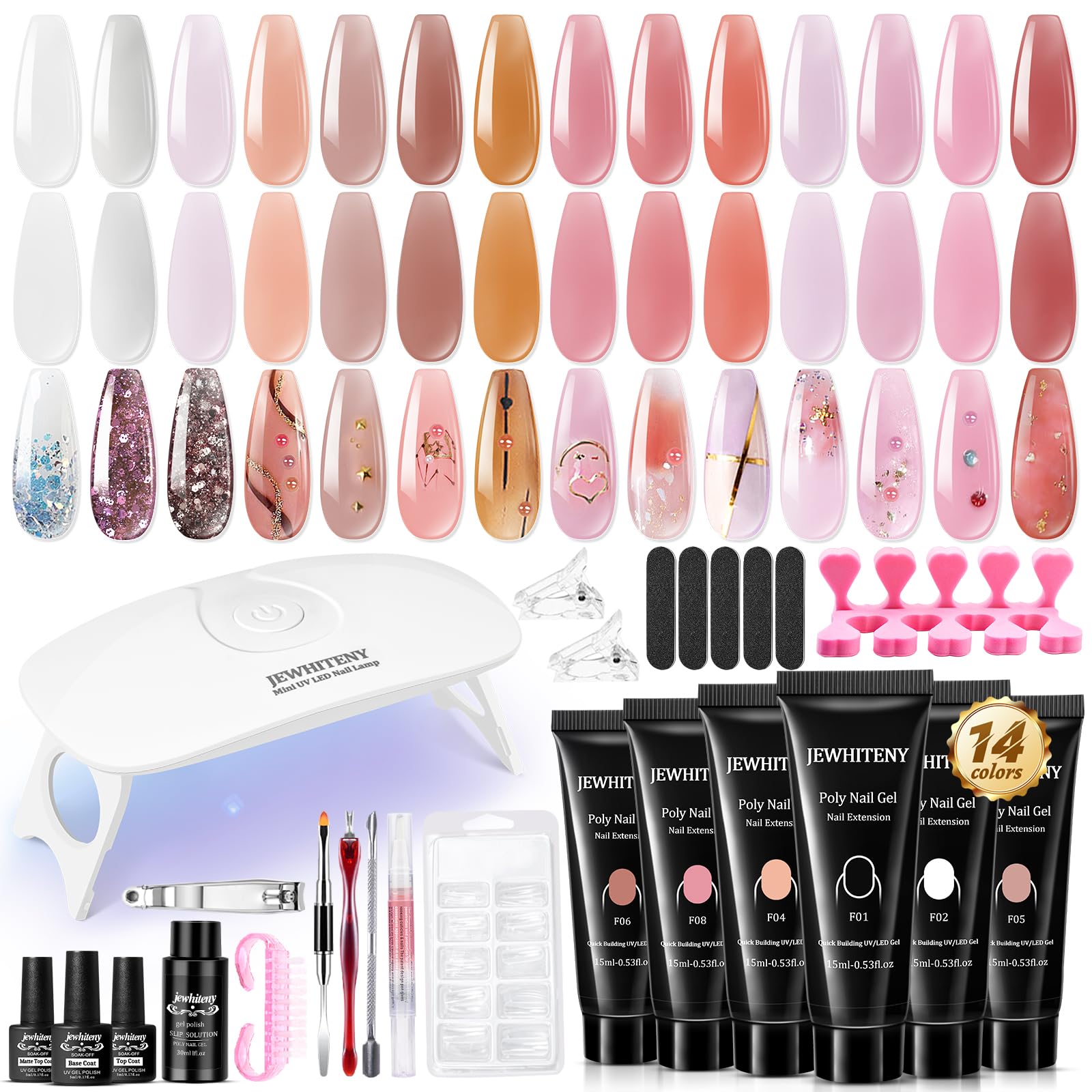 JEWHITENY 14-Piece Poly Nail Gel Kit with LED Lamp – All-in-One Starter Set