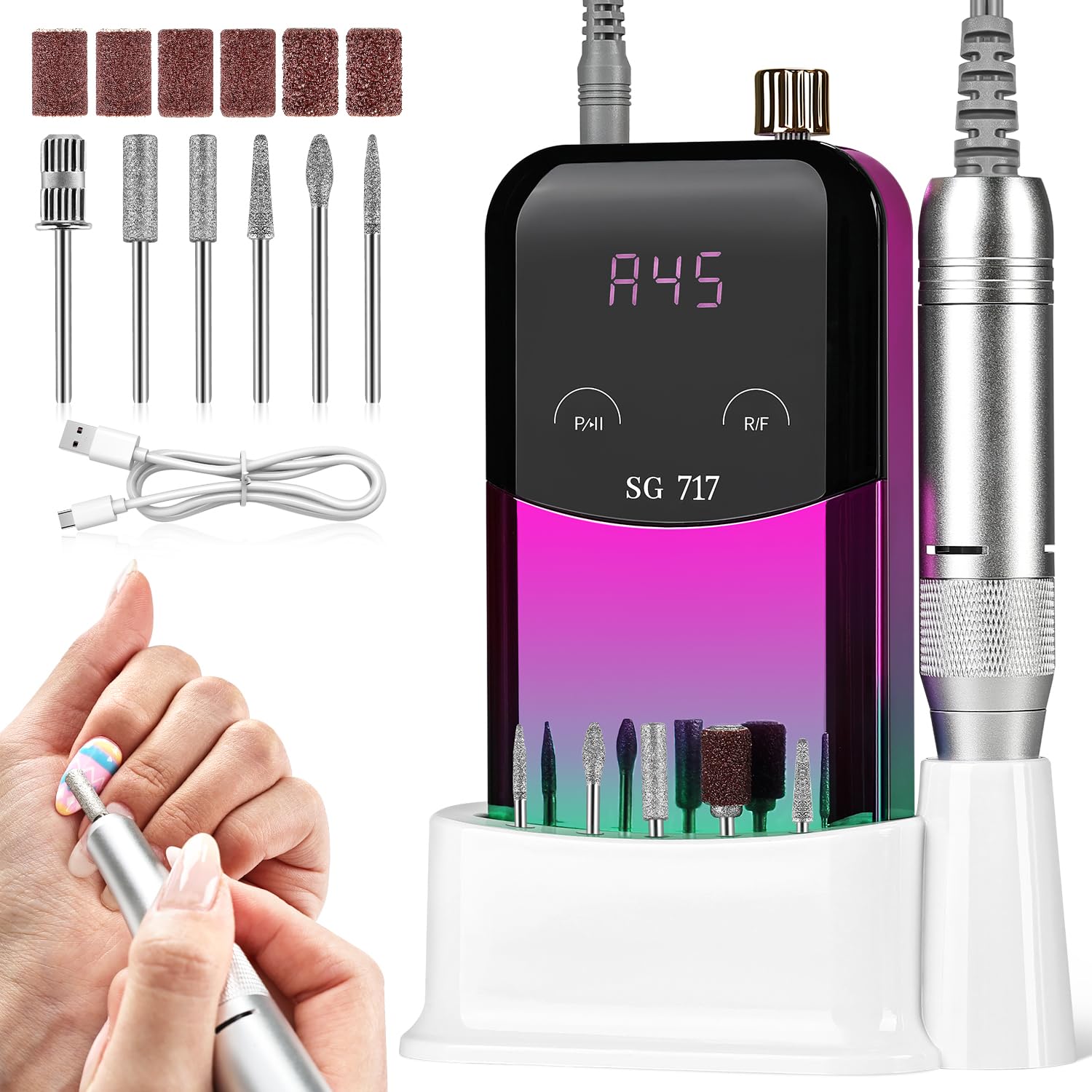 JEWHITENY SG717 Portable Nail Drill – 45000RPM Rechargeable E-File for Acrylic & Gel Nails