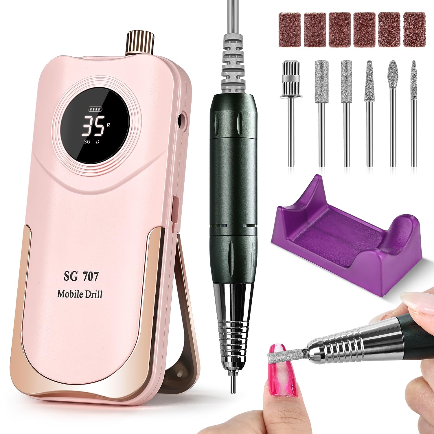 JEWHITENY SG707 Nail Drill — 35000 RPM Rechargeable Electric Nail File with 6 Bits
