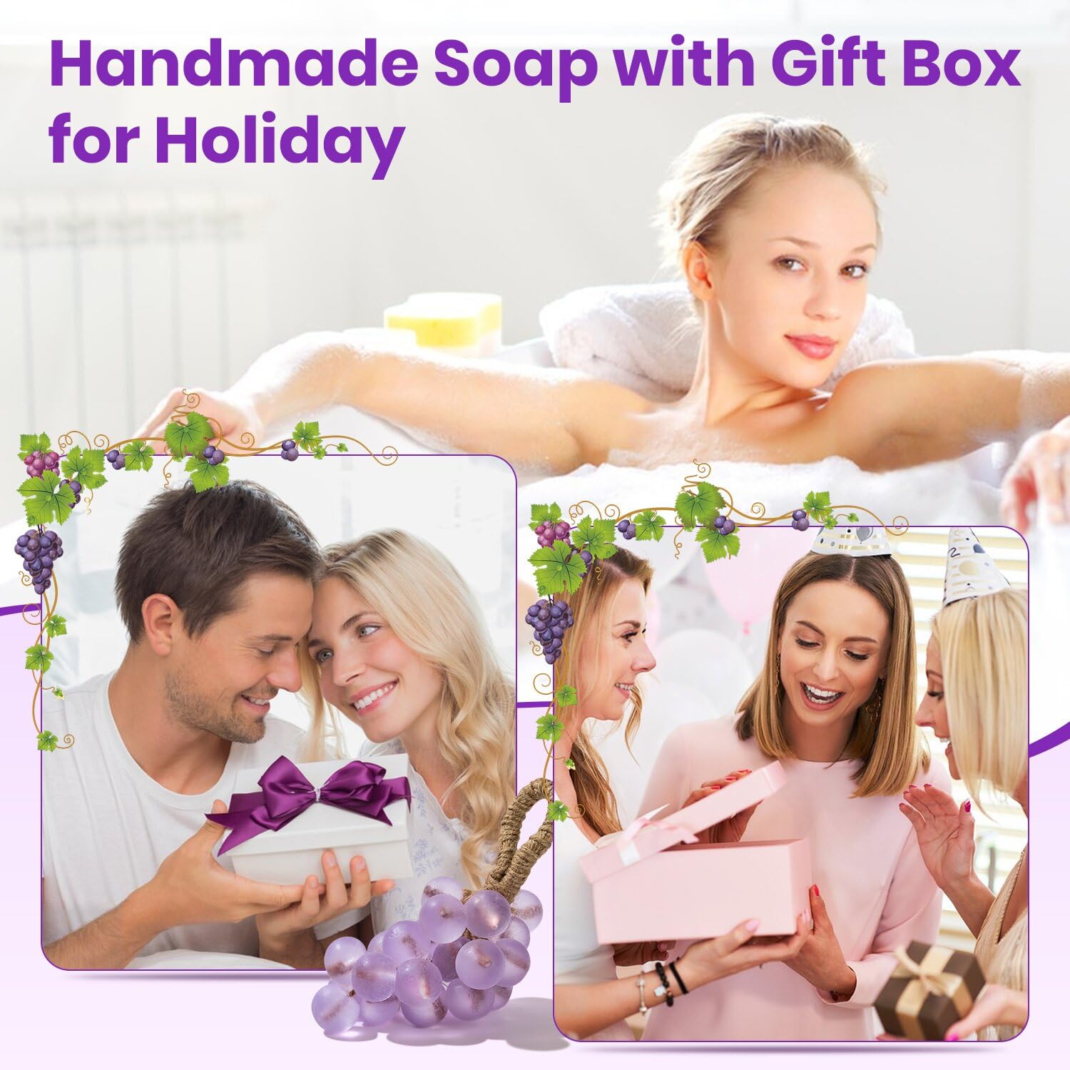 JHZHONG Grape Soap on a Rope - Handmade Grape Cluster Soap Bar with Gift Box