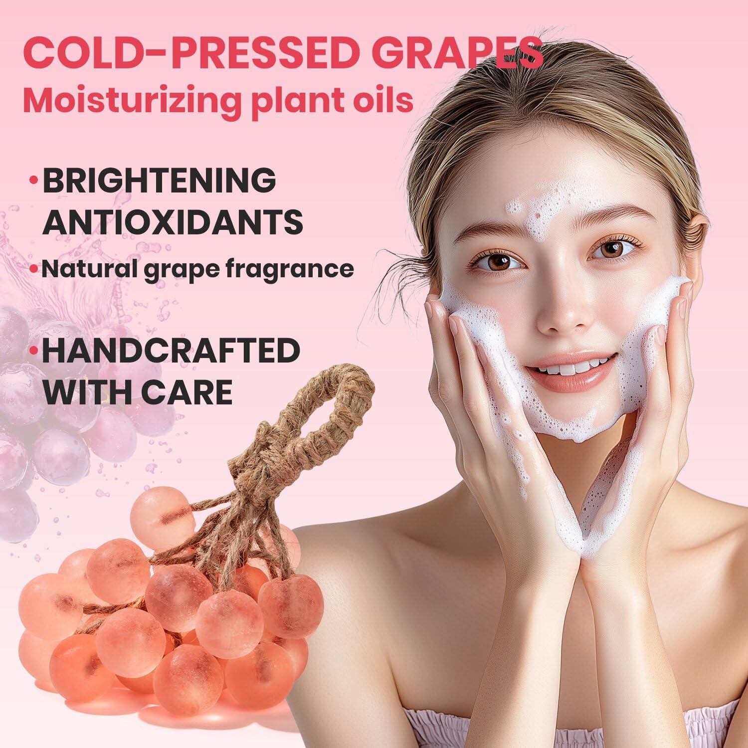 JHZHONG Grape Soap on a Rope – Handmade Grape Cluster Bar, Gift Ready Decor (Pink)