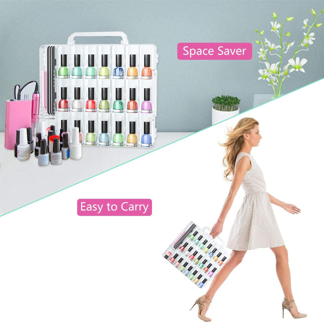 JIASHENG 48-Bottle Nail Polish Organizer Case | Double-Sided, Adjustable Dividers, Portable Storage
