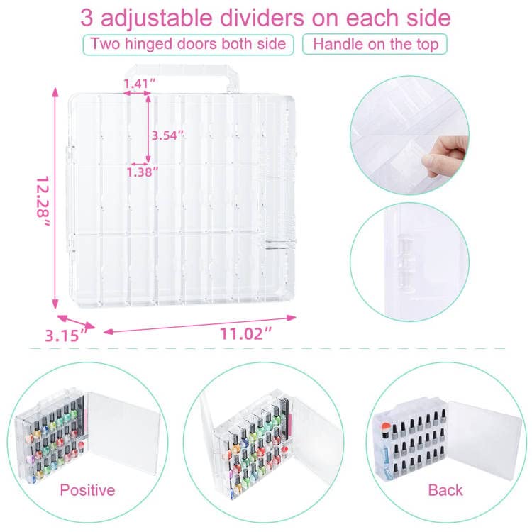 JIASHENG 48-Bottle Nail Polish Organizer Case | Double-Sided, Adjustable Dividers, Portable Storage