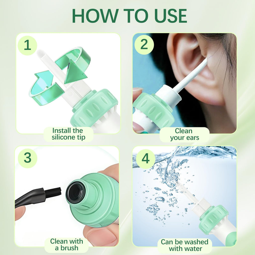 JICICUXI Electric Ear Wax Removal Tool — Vibration Suction, Soft Silicone Tips, Aqua Green