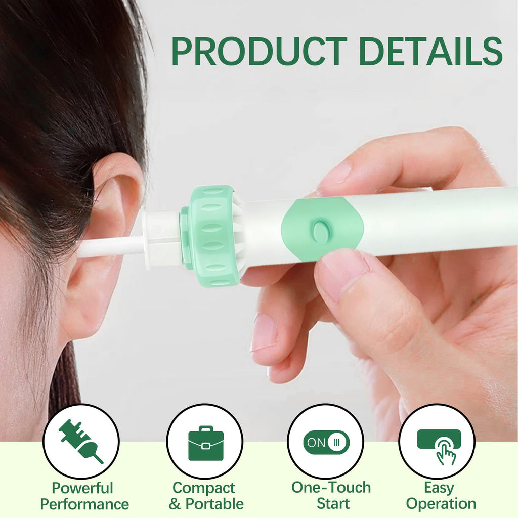 JICICUXI Electric Ear Wax Removal Tool — Vibration Suction, Soft Silicone Tips, Aqua Green