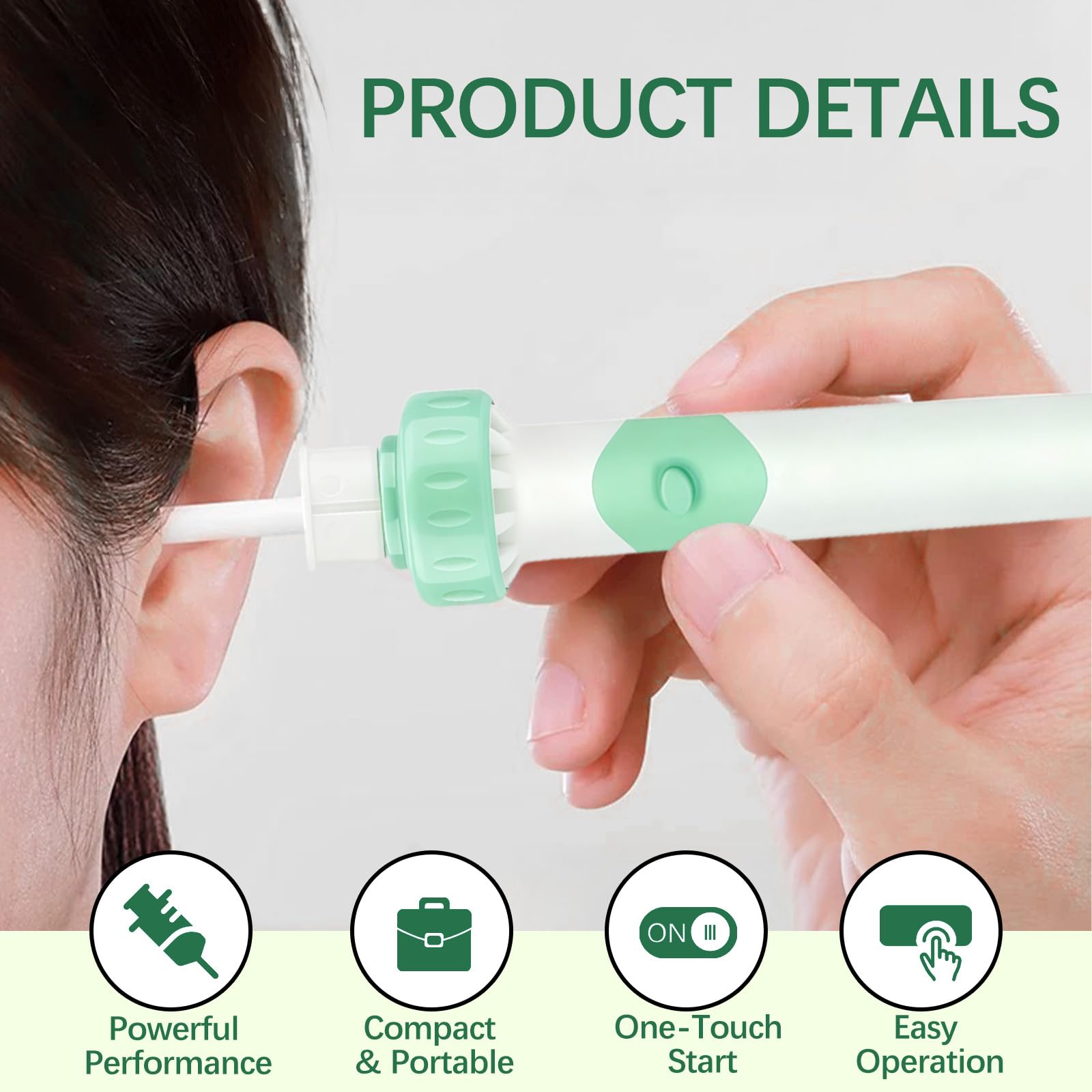 JICICUXI Electric Ear Wax Removal Tool — Vibration Suction, Soft Silicone Tips, Aqua Green