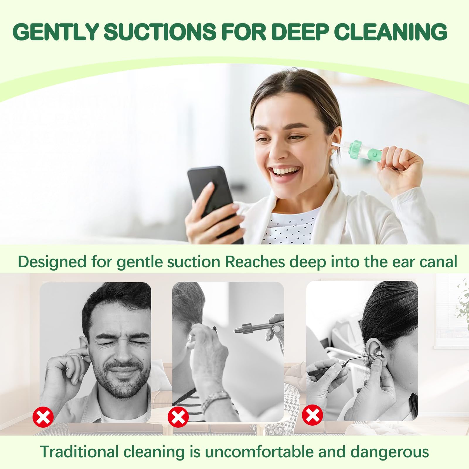 JICICUXI Electric Ear Wax Removal Tool — Vibration Suction, Soft Silicone Tips, Aqua Green