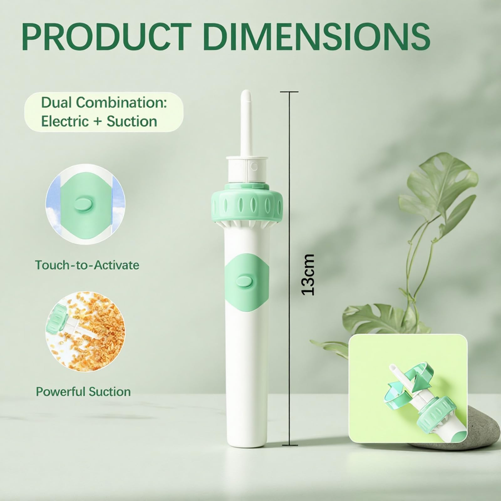 JICICUXI Electric Ear Wax Removal Tool — Vibration Suction, Soft Silicone Tips, Aqua Green