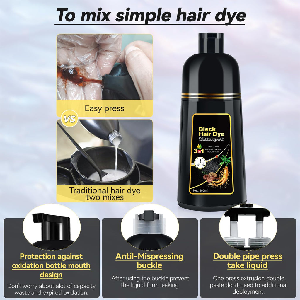 JIESSIA 3 IN 1 Hair Color Shampoo Dye — Semi-Permanent Grey Coverage, Herbal Blend, 16.9 fl oz